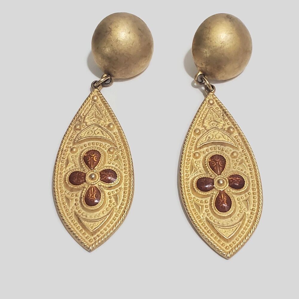 Matte Gold Tone Brown Enamel Drop Earrings